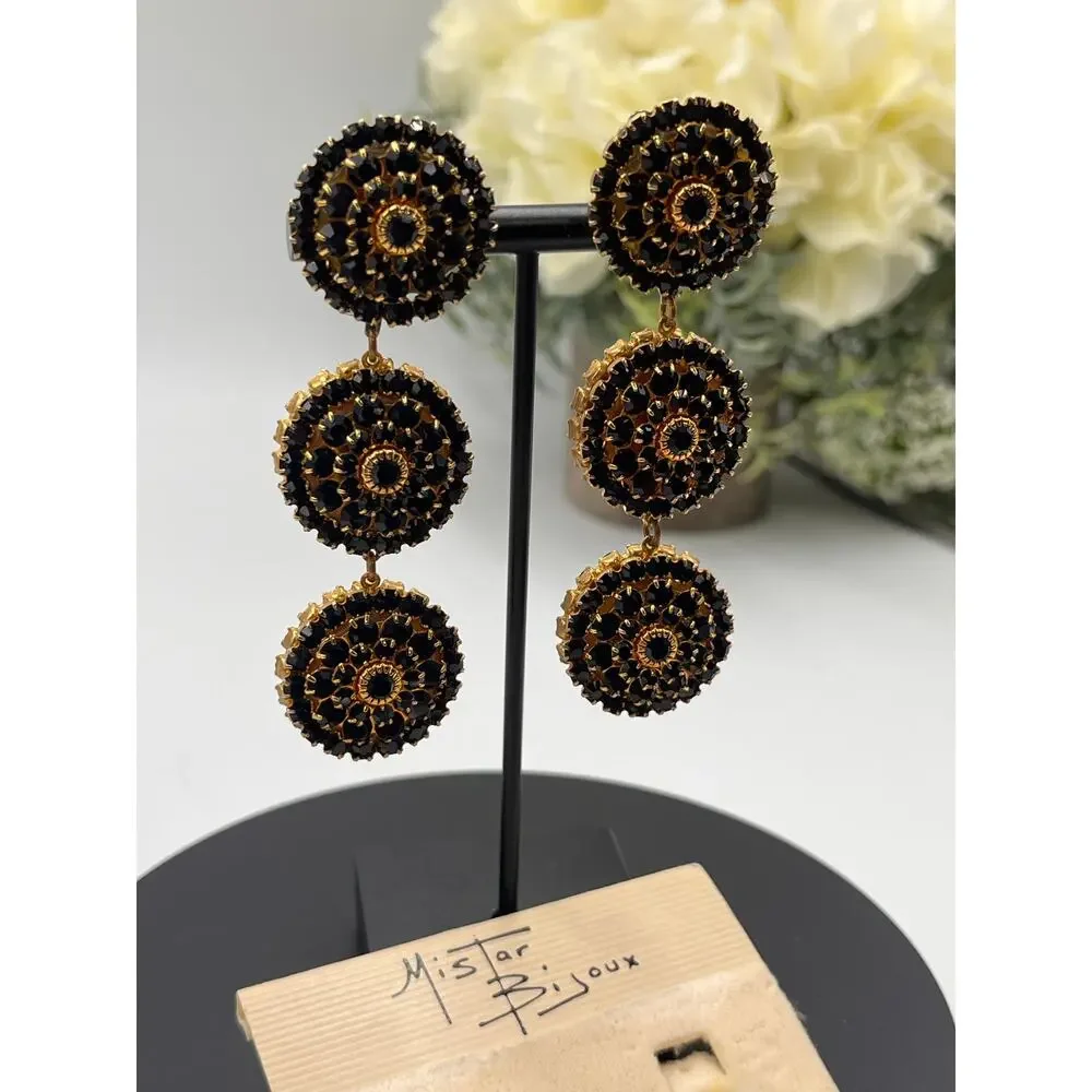 Mistar Bijoux Deadstock 3D Puff‎ Three Drop Dangle Crystal Gold Clip on Earrings